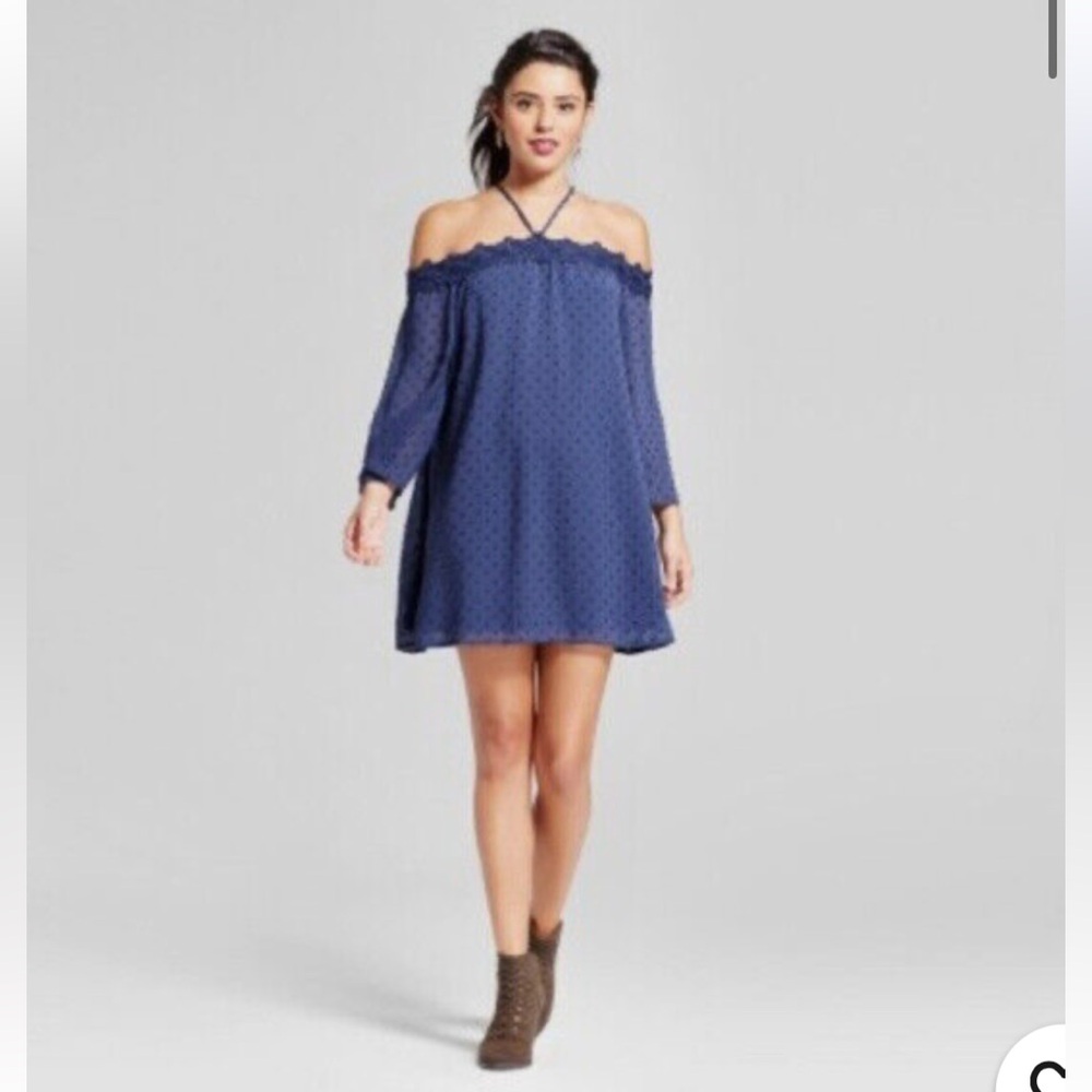Xhilaration- Suisse Dot Boho Off-Shoulder Mini Dress, Navy, Size L
